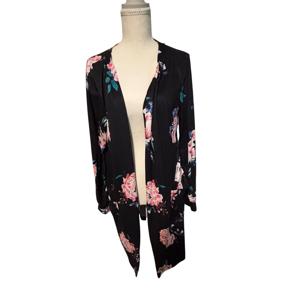 ECOWISH Black Floral Open Front Longline Cardigan Duster Jacket Pockets Large